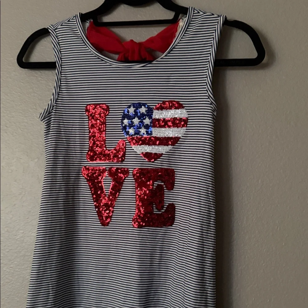 btween Navy & White Striped Tank Dress with Red Sequin LOVE and Flag Heart